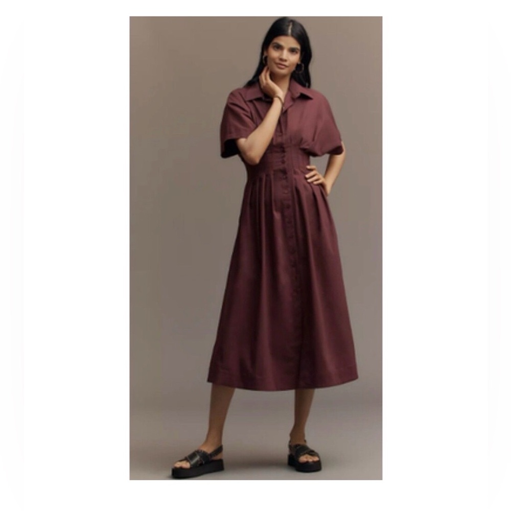 Anthropologie The Tobie Shirt Dress by Exquise
Burgundy/Plum Midi Dress